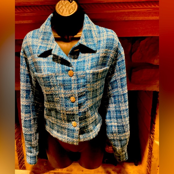 ZARA BLUE TWEED CROPPED LONG SLEEVE RHINESTONE BUTTON OVERSIZED JACKET SZ. L - Picture 3 of 15